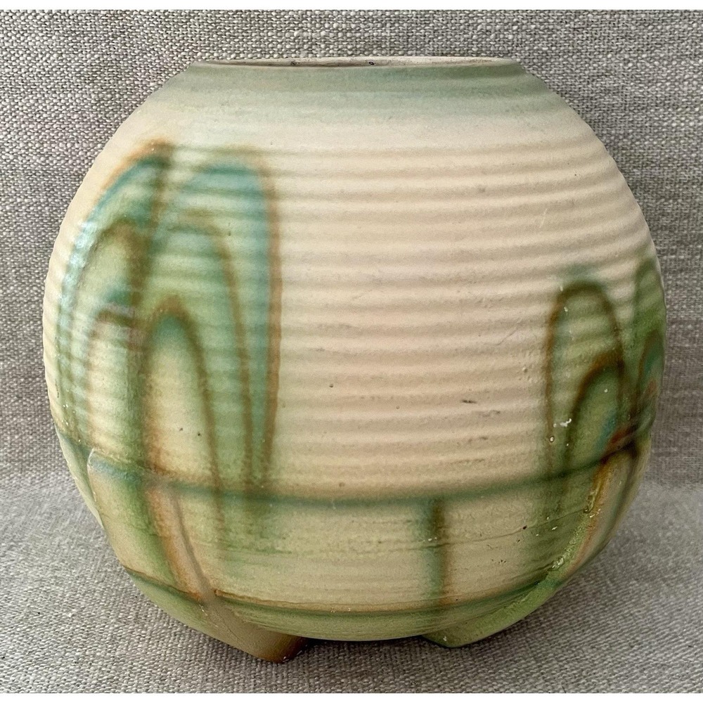 Antique German Art Pottery Ribbed Beehive Vase Green Cream Glaze Made in Germany